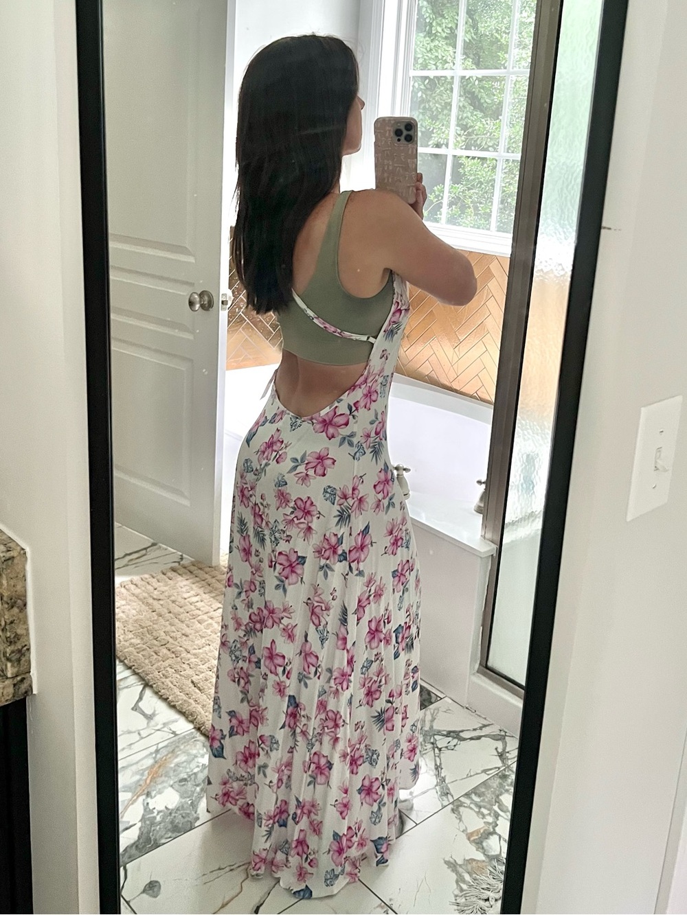 Frankie’s Bikinis Rae Floral Open-Back Maxi Dress in White and Pink